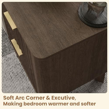 Fluted Nightstand Set of 2, Modern End Table with Metal Handle,2 Storage Drawers Side Table,Bedside Table for Bedroom,Wood Nightstands,Curved Profile Design Furnitue, Walnut - color: 2pcs_walnut