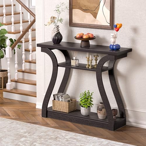 47" Wood Console Table for Entryway, Narrow Sofa Table with 3-Tier Shelves | Curved Legs Farmhouse Hallway Table, Skinny Console Table Behind Couch, Rustic Wooden Entry Table for Living Room (Brown) - color: Dark Brown