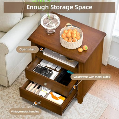 Farmhouse Nightstand with Charging Station, Solid Wood End Table with 2 Large Drawers & Open Shelf, Bedside Table with USB Ports and Outlets, Rustic Wood for Bedroom - color: Walnut