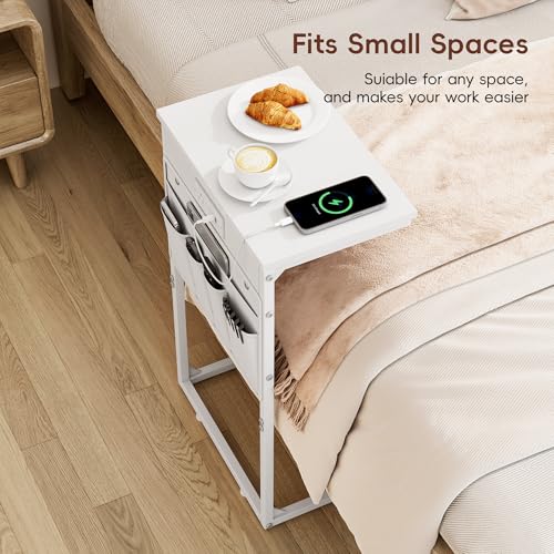 C Shaped End Table with Charging Station, 28" Tall Couch Side Table, Sofa Table Beside Table, Slide Under Sofa Arm C Table for Small Spaces, TV Tray Table for Living Room, Bedroom, White - color: White