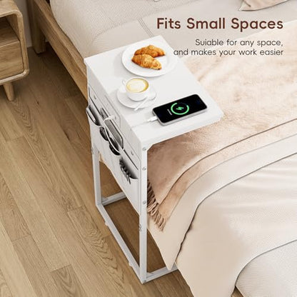 C Shaped End Table with Charging Station, 28" Tall Couch Side Table, Sofa Table Beside Table, Slide Under Sofa Arm C Table for Small Spaces, TV Tray Table for Living Room, Bedroom, White - color: White