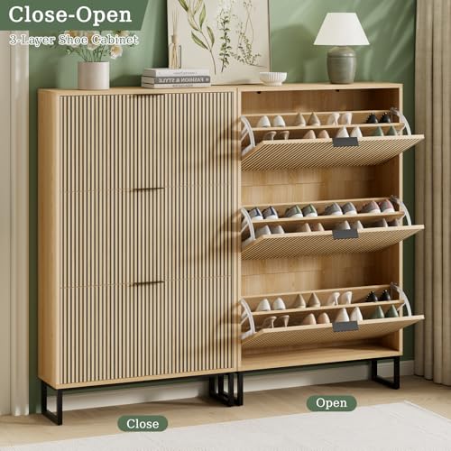 Shoe Cabinet Storage with 3 Flip Drawers, Shoe Organizer Cabinet for Entryway, Modern Freestanding Hidden Shoe Rack Organizer Shoe Cupboard for Hallway, Natural Wood - size: 3 Flip Drawers