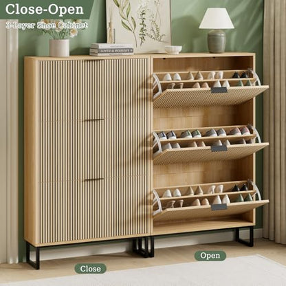 Shoe Cabinet Storage with 3 Flip Drawers, Shoe Organizer Cabinet for Entryway, Modern Freestanding Hidden Shoe Rack Organizer Shoe Cupboard for Hallway, Natural Wood - size: 3 Flip Drawers