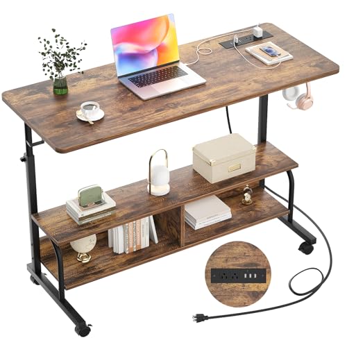 Armocity Rolling Standing Desk with Charging Station, Portable Height Adjustable Mobile Computer Desk with Wheels & 2-Tier Shelves & Hooks, Easy Assembly Laptop Table for Couch Bed, 47" Rustic Brown - color: Rustic Brown, size: 47''