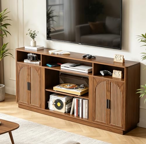 59'' Fluted TV Stands for Living Room, Modern Entertainment Center with Storage, TV Stand for TVs up to 65 Inch with Adjust Shelves, Wooden Media Console Table (Walnut, Without Fireplace) - size: Without Fireplace