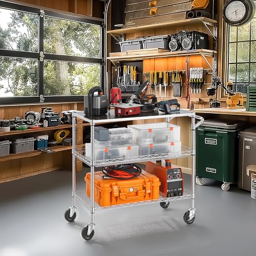 Finnhomy 3 Tier Heavy Duty Commercial Grade Utility Cart with Wood Top, Wire Rolling Cart with Wheels and Handle Bar, Kitchen Carts on Wheels, 18x36x35.4 H Metal Cart with 600 LBS Capacity, Chrome - style: 36“L Chrome