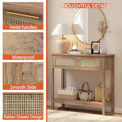 Trironsun Farmhouse Rattan Console Table with 2 Drawers 2 Tier Boho Narrow Long Sofa Table Natural with Open Storage Shelf Wood Entryway Table for Living Room Hallway Foyer - color: Caramel Oak
