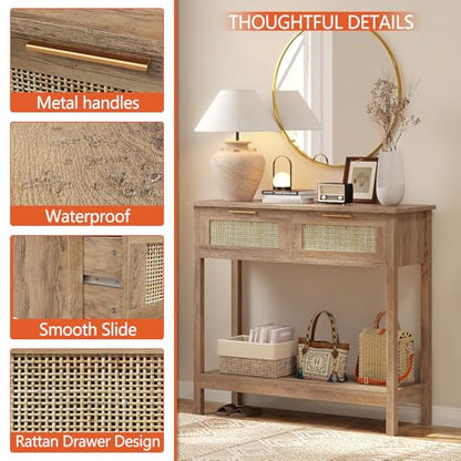 Trironsun Farmhouse Rattan Console Table with 2 Drawers 2 Tier Boho Narrow Long Sofa Table Natural with Open Storage Shelf Wood Entryway Table for Living Room Hallway Foyer - color: Caramel Oak