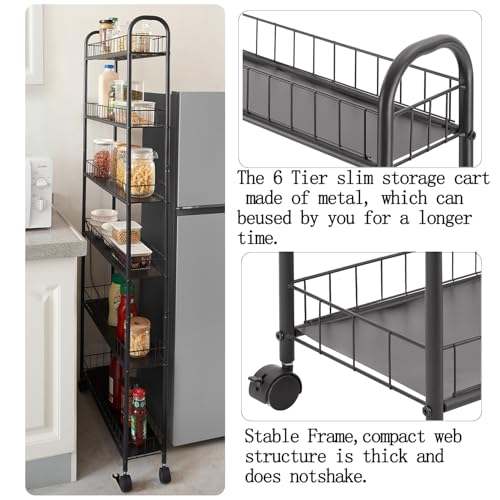 6 Tier Slim Rolling Storage Cart, Mobile Shelving Unit with Wheels, Metal Wire Storage Rack with Baskets for Kitchen Bathroom Office Laundry Narrow Piaces (6in Slim Rolling Cart) - size: 6in Slim Rolling Cart