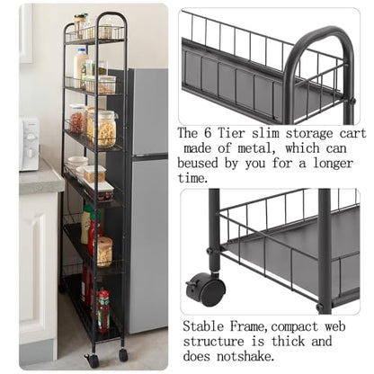 6 Tier Slim Rolling Storage Cart, Mobile Shelving Unit with Wheels, Metal Wire Storage Rack with Baskets for Kitchen Bathroom Office Laundry Narrow Piaces (6in Slim Rolling Cart) - size: 6in Slim Rolling Cart