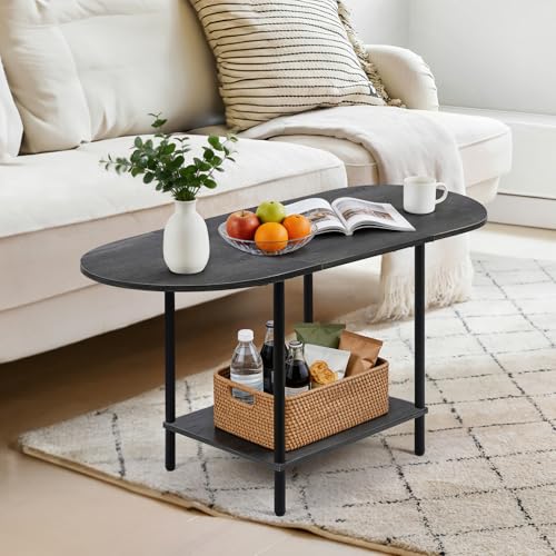 Small Coffee Table,35.4'' Oval Coffee Table with Storage Shelf & Metal Frame,Low Cocktail Tea Accent Table for Apartment,Modern Mid Century Small Living Room Table,Dark Gray - color: Dark Gray