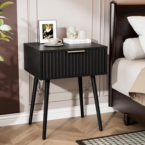 VINGLI Nightstands Set of 2, Fluted Night Stand with Drawer, Bedside Table, Wood Nightstand for Bedroom, Mid Century Modern End Tables, Black, 18.9" W*14.96" D*24" H - color: Black, size: 19"W-1 Drawer