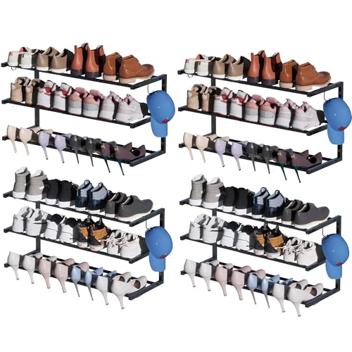 4 Pack Wall Mounted Shoe Rack, 3 Tier Hanging Shoe Rack Holds 48 Pairs, 17"-30"Adjustable Heavy Duty Metal Shoe Organizer Holder with 8 Storage Hooks, Space Saving for Closet Entryway Doorway（Black) - color: Black, size: 4 Pack