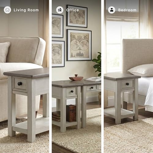 Signature Design by Ashley Bolanburg Narrow End Table, Charging Station | Slim 14-inch profile with USB charging, Wood, White oak veneers and engineered wood, Farmhouse style for small living rooms - color: Dark Brown & White