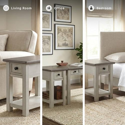 Signature Design by Ashley Bolanburg Narrow End Table, Charging Station | Slim 14-inch profile with USB charging, Wood, White oak veneers and engineered wood, Farmhouse style for small living rooms - color: Dark Brown & White