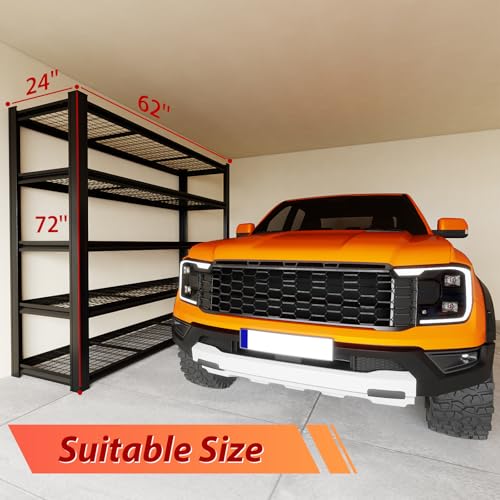 62" W Garage Shelving 3500LBS，Airflow Design， Double-Layer Reinforced Support,5 Tier Adjustable Metal Shelving，for Garage, Warehouse,Basement, Storage Room, Supermarket - size: Black 72"*62"*24" 5T