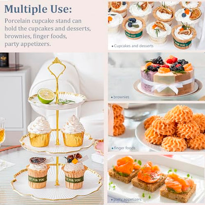 3 Tier Porcelain Serving Tray with Elegant Floral Gold Trim - Embossed Food Grade Tiered Cupcake Stand - Serving Stand for Parties & Weddings & Baby Showers - color: 10.2 Inch (3 Tier)