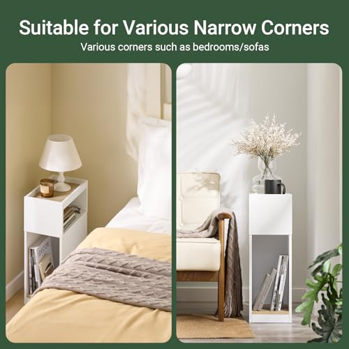 SoBuy Narrow Nightstand with Drawer and Open Shelf – Slim Small Bedside Table for Tight Spaces, Compact Skinny White Nightstand for Bedroom or Dorm, Wooden Side Table, White FBT171-WN
