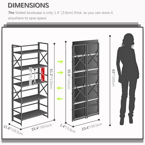 4NM 5 Tiers No Assembly Book Shelves, 51.2" H Folding Bookshelf Bookcase Open Industrial Foldable Shelves for Bedroom, Living Room, Home Office - All Black - color: All Black, size: XX 5-Tier