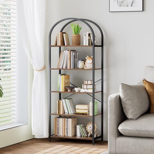 Homhedy 5-Tier Arched Bookshelf, Display Racks, Tall Book Shelf, 62.2" H | Wood and Metal Bookcase, Industrial Display Standing Shelf Unit, for Home, Office, Living Room, Bedroom, Rustic Brown - size: 5 Tier -23.6"W