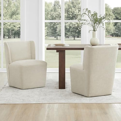 KISLOT Upholstered Dining Chairs Set of 1 with Casters, Wingback Modern Side Armless Deskchair with Rollers for Diningroom Bedroom Livingroom Reading Room, Cream Beige Fabric - color: A Cream Beige Fabric, size: Set of 1