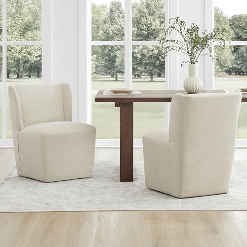 KISLOT Upholstered Dining Chairs Set of 2 with Casters, Wingback Modern Side Armless Deskchair with Rollers for Diningroom Bedroom Livingroom Reading Room, Cream Beige Fabric - color: A Cream Beige Fabric, size: Set of 2