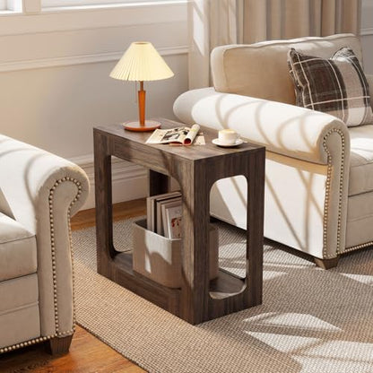 GOFLAME Narrow End Table Set of 2, Farmhouse Wood Sofa Side Table 2-Tier with Storage Shelf, Arched Rustic Small Accent Tables, Rectangular Compact Night Stand for Living Room, Bedroom, Brown - color: Brown