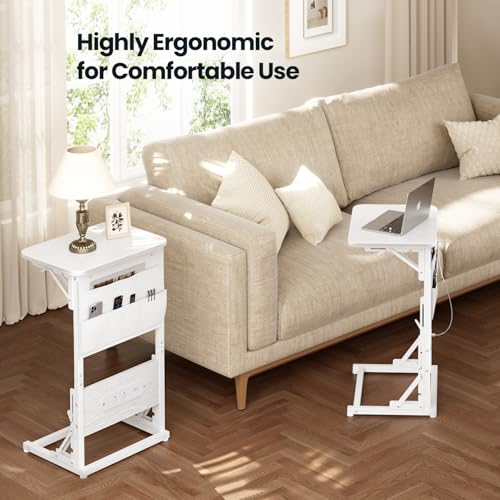HLDIRECT C Shaped End Table with Charging Station & Storage Bag White | 2 USB & 2 Outlets, Storage Bag, FSC Wood, Foldable, 11.8"D x 15.7"W, for Small Spaces, Couch, Bedroom - color: White