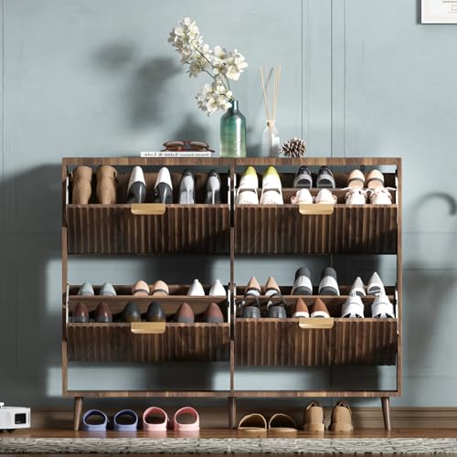 Shoe Cabinet Storage,Modern Freestanding Organizer with 4 Flip Drawers,Narrow Shoe Rack Cabinet for Entryway,Walnut - color: Walnut, size: 4-Drawers