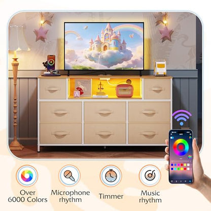 WLIVE Dresser TV Stand for 45, 50, 55 inch TV, Entertainment Center with LED Lights & Charging Station, Chest of Drawers with 8 Fabric Drawers and Open Shelves for Living Room, Hallway, Cream White - color: Cream White