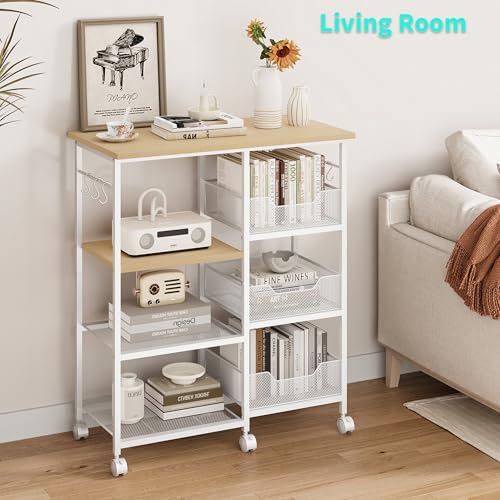 HapiRm Rolling Kitchen Carts with Storage - Microwave Table Stand with 6 Hooks & 3 Baskets, kitchen Island Cart on Lockable Wheels, 28.3" L × 14.6" W Bakers Rack Cart for Dining Room Coffee Bar Office - color: White