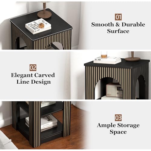 weselon End Table Set of 2, Mid-Century Modern Side Table with 3-Tier Storage Shelves and Arched Carving Lines, Square Fluted Nightstand for Living Room, Bedroom, or Office (2, Black) - color: Black
