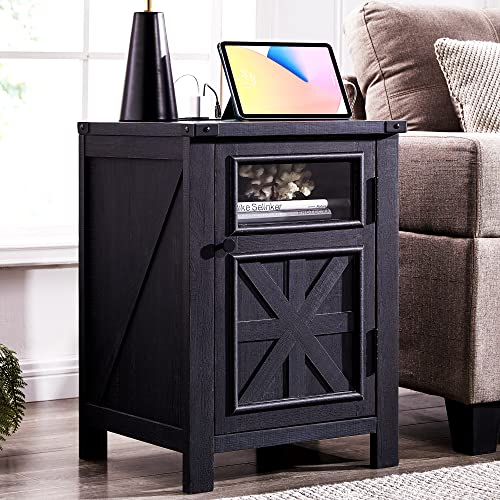 JXQTLINGMU Farmhouse End Table with Charging Station, 18'' Rustic Nightstand with Barn Door & Adjustable Shelf, Wooden Sofa Side Table with 3-Tier Storage for Living Room, Bedroom, Black - color: Black