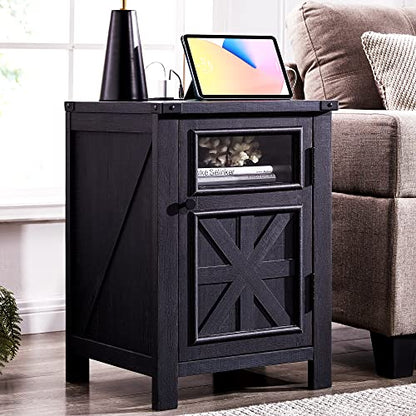 JXQTLINGMU Farmhouse End Table with Charging Station, 18'' Rustic Nightstand with Barn Door & Adjustable Shelf, Wooden Sofa Side Table with 3-Tier Storage for Living Room, Bedroom, Black - color: Black