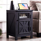 JXQTLINGMU Farmhouse End Table with Charging Station, 18'' Rustic Nightstand with Barn Door & Adjustable Shelf, Wooden Sofa Side Table with 3-Tier Storage for Living Room, Bedroom, Black - color: Black