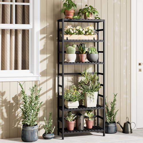 Bamjoy Bamboo Shelf, 6-Tier Bookshelf Adjustable Storage Shelves, Tall Shelving Unit Plant Stand, Storage Rack for Bathroom Home Office Living Room Kitchen, 23.6W x 10.2D x 63.4H Black - color: Black