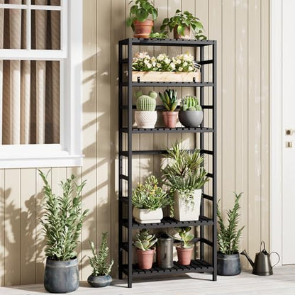 Bamjoy Bamboo Shelf, 6-Tier Bookshelf Adjustable Storage Shelves, Tall Shelving Unit Plant Stand, Storage Rack for Bathroom Home Office Living Room Kitchen, 23.6W x 10.2D x 63.4H Black - color: Black