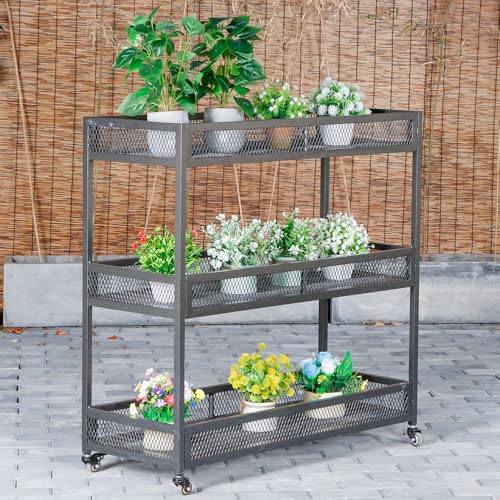 Heavy-Duty Plant Stand Outdoor Aluminum with Wheels | Waterproof Rust-Resistant Metal Plant Rack, High Capacity Moving Garden Cart for Patio Garden Balcony