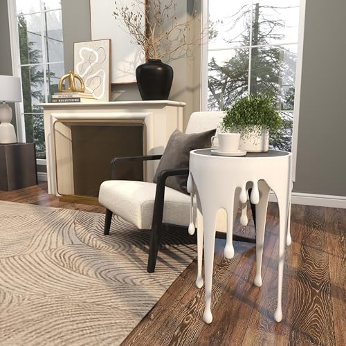 Deco 79 Aluminum Metal End Table with Abstract Drip Design, White Side Table, Accent Melting Legs and Black Glass Top, 16" x 16" x 25", White - color: White