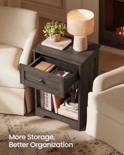 VASAGLE Traditional Basic Nightstand with Charging Station, Wood End Table with 1 Drawer and Open Shelf, 15.7 x 11.8 x 23.2 in, Taupe, for Bedroom, Siren Collection ULET828TA01S - color: Taupe, size: 2 pack
