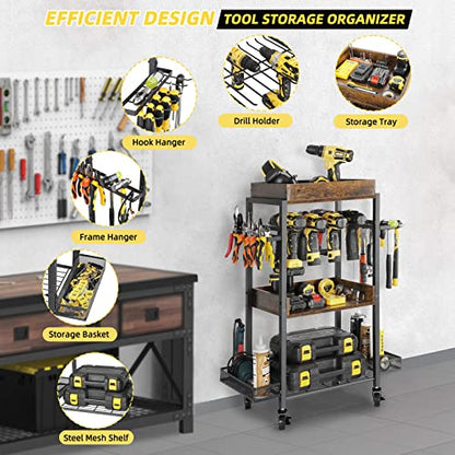Olakee Power Tool Organizer Garage Storage Organization Shelving Tool Holder Drill Rack Shelf Rolling Cart Open Tool Chest Cabinet Box Organizer with Wheels Workshop Garage Gift Ideas for Men Dad