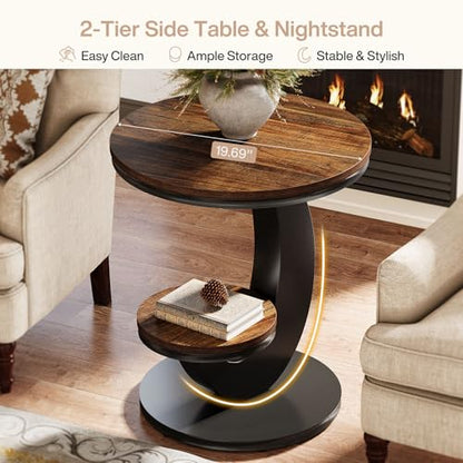 Tribesigns Round End Table Set of 2, 2 Tiers Side Table with Storage Shelf, Sofa Side Bedside Nightstand with Rustic Wood and Metal Arc-Shaped Frame for Small Spaces, Living Room, Bedroom (2PCS) - color: Brown