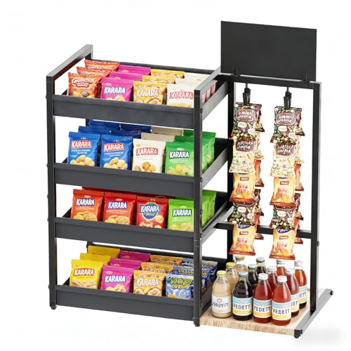 4-Tier Snack Organizer with 20 Clips, Snack Rack with Message Board | Modern Industrial Snack Cart for Kitchen Office Store Party Countertop, Matte Black Metal & Oxford Fabric Snack Storage