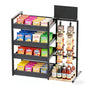 4-Tier Snack Organizer with 20 Clips, Snack Rack with Message Board | Modern Industrial Snack Cart for Kitchen Office Store Party Countertop, Matte Black Metal & Oxford Fabric Snack Storage