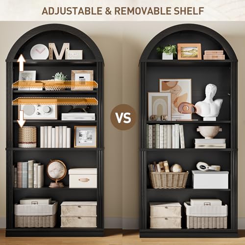 RALGEND Arched Bookshelf, 75.8" Tall Arch Bookcase with Storage, 6-Tier Farmhouse Book Shelf, Arched Cabinet, Wooden Bookshelf with Open Display Shelves, Adjustable Shelf, Office, Black - color: Black, size: 31.4"L x 11.8"W x 75.8"H