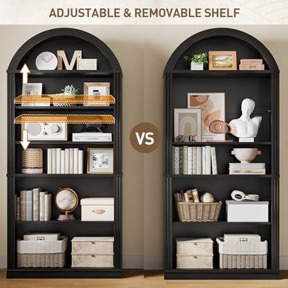RALGEND Arched Bookshelf, 75.8" Tall Arch Bookcase with Storage, 6-Tier Farmhouse Book Shelf, Arched Cabinet, Wooden Bookshelf with Open Display Shelves, Adjustable Shelf, Office, Black - color: Black, size: 31.4"L x 11.8"W x 75.8"H