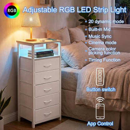Fixwal Tall Nightstand with Charging Station and LED Lights, Night Stand with PU Finish Fabric Storage Drawers, 5 Drawer Dresser, White - color: White, size: 39.3"H (5 drawers), style: Power+Light (1pc)
