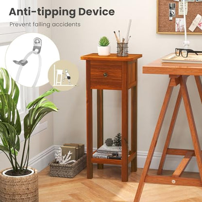 Giantex Narrow End Table with Drawer, Tall Acacia Wood Side Table with Bottom Shelf, Modern Bedside Tables, 2-Tier Nightstand for Small Spaces Bedroom Living Room, No Assemble Required, Brown - color: Brown