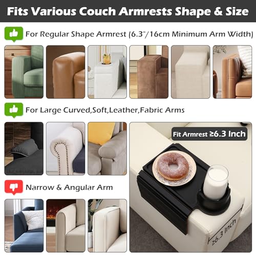 GHKINMAL Couch Cup Holder Tray, 3 in 1 Large Couch Arm Trays,Bamboo Chair Clip on Tray with 360° Ratated Phone Holder for Couch,Armrest Tray for Snacks,Remote,Phone - color: Black