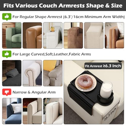 GHKINMAL Couch Cup Holder Tray, 3 in 1 Large Couch Arm Trays,Bamboo Chair Clip on Tray with 360° Ratated Phone Holder for Couch,Armrest Tray for Snacks,Remote,Phone - color: Black